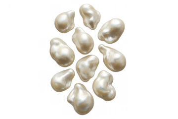 Baroque pearls showcasing their creamy white luster and unique organic shapes, floating against a transparent background