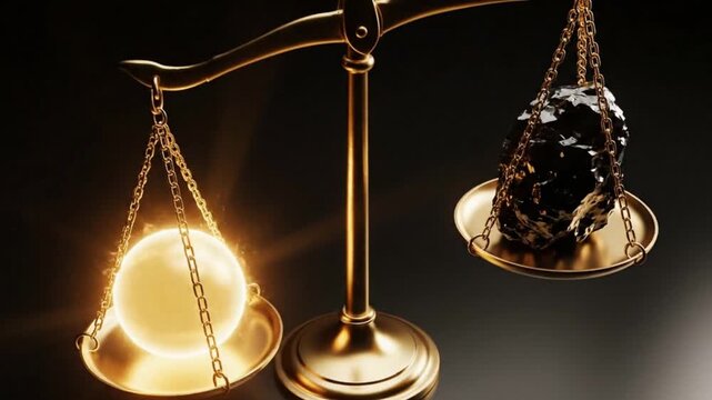 Balance Scale Tipping Toward Glowing Light Symbolizing Justice Prevailing Over Darkness