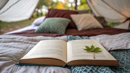 Glamping summer destinations concept. Open book with a leaf on its pages, resting on a cozy bed in a tent surrounded by nature.