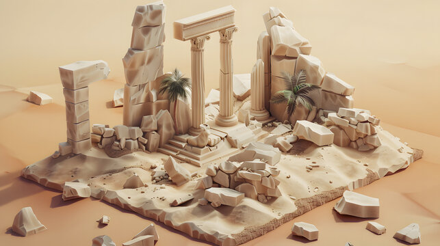 3d isometric low-poly clay ancient desert temple