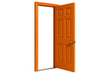 Bright orange open door with frame isolated on white, welcoming entrance and opportunity concept
