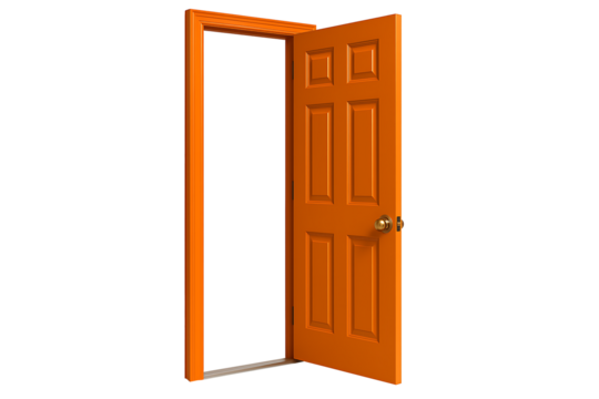 Bright orange open door with frame isolated on white, welcoming entrance and opportunity concept