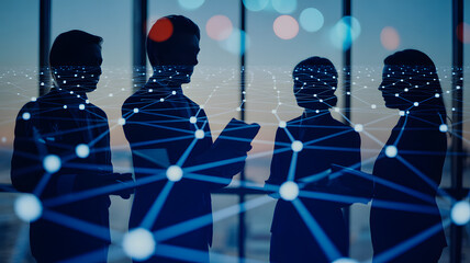 Silhouettes of business people with digital network overlay in an office environment at night