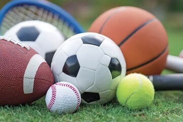 Assorted Sports Balls and Equipment Displayed on Green Grass in Natural Light