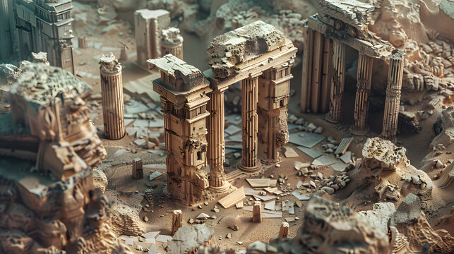 3d isometric low-poly clay ancient desert temple