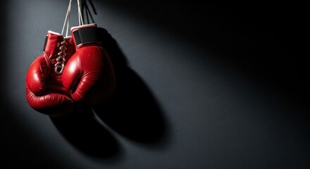 Red boxing gloves hanging against dark wall background for sports enthusiasts
