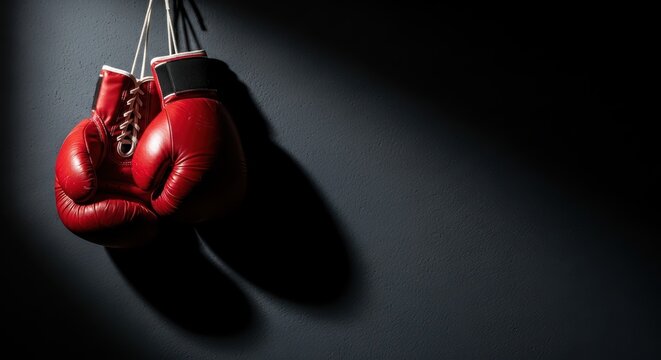 Red boxing gloves hanging against dark wall background for sports enthusiasts