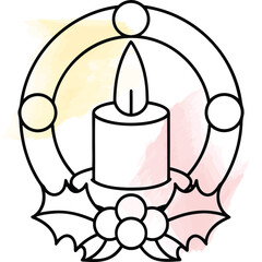 Festive Christmas Candle Wreath Line Art Illustration with Watercolor Splash