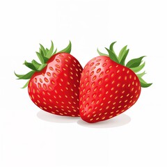 Two fresh ripe red strawberries with green leaves, healthy snack