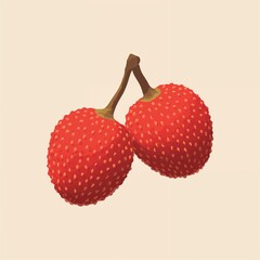 Two red textured lychee-like tropical fruits on a stem, isolated.