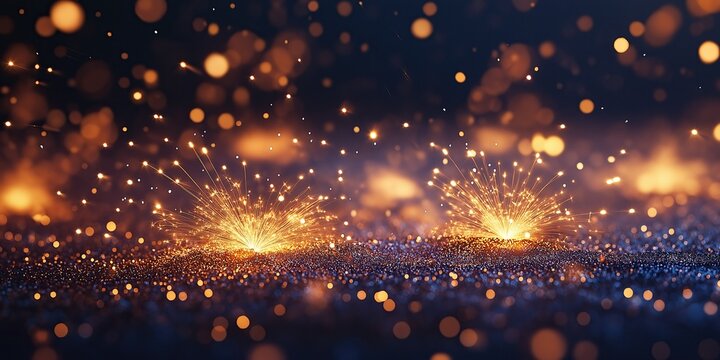 Abstract glitter background with golden bokeh lights and fireworks on a dark blue background for New Year celebration concept