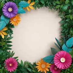 Vibrant paper flower and lush green leaf border for copy space