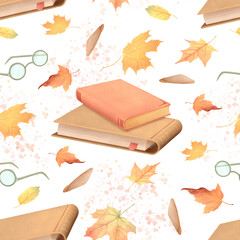 A watercolor seamless pattern with autumn leaves and a photo album. Hand drawn illustration in a simple, childlike style for cards, fabric, and wrapping paper.