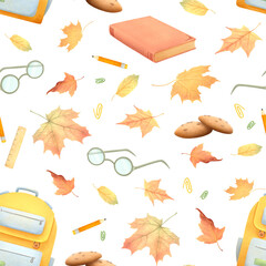 Back to school watercolor seamless pattern. Hand drawn illustration in a simple, childish style for wrapping paper, cards, and other printed materials.