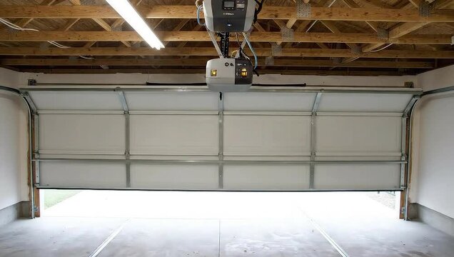 Interior view of residential garage with closed automatic door and ceiling-mounted opener, highlighting home access, storage, and smart entry systems.

