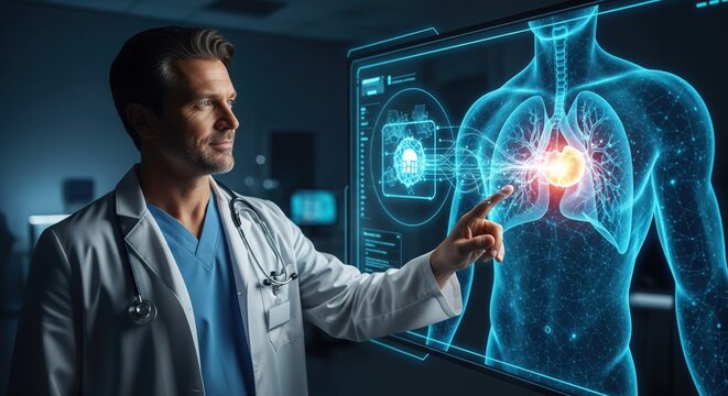 Doctor Analyzing Advanced Medical Technology with Human Anatomy Visualization