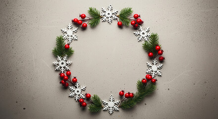 Festive christmas wreath with pine branches red berries and white snowflakes on a textured background