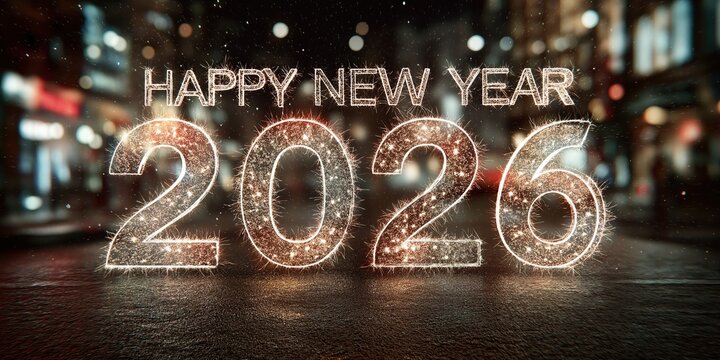 Happy New Year 2026 text written with white glowing light effect on a black background in a city street with bokeh effects - Powered by Adobe