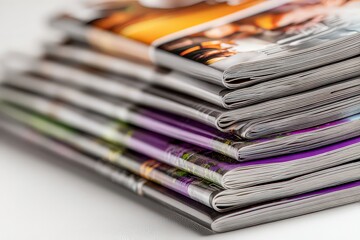 Close Up Stack of Magazines with Blurred Edges on White Background Colorful Covers Variety of Subjects and Matte Finish with Shallow Depth of Field