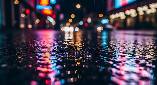 A vibrant city street scene at night with colorful reflections on a wet road surface illuminated by neon lights and blurred urban background