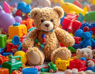 Cute brown teddy bear surrounded by a pile of colorful toy blocks and other plastic items