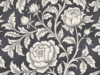 Intricate vintage floral pattern with peonies and leaves