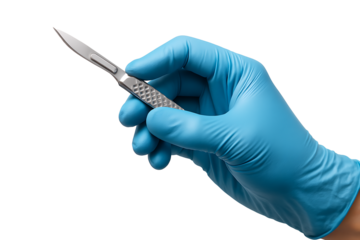 Sterile gloved surgeon hand holding stainless steel scalpel against white background, precision medical instrument for surgery and clinical procedures