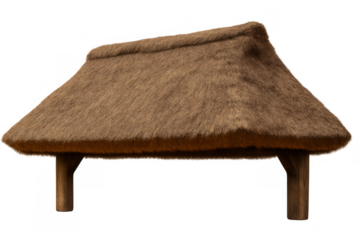Thatch roof structure on wooden poles, rustic shelter or hut element on isolated background