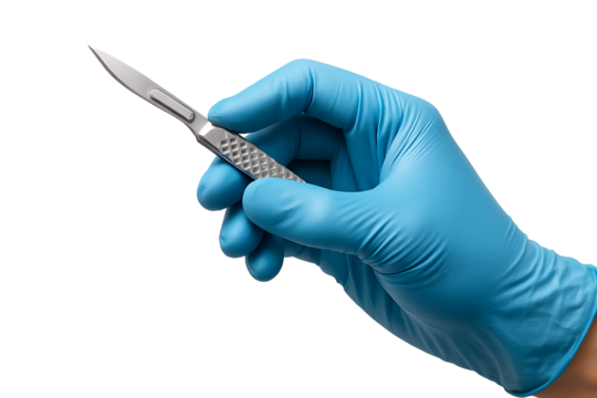 Sterile gloved surgeon hand holding stainless steel scalpel against white background, precision medical instrument for surgery and clinical procedures - Powered by Adobe