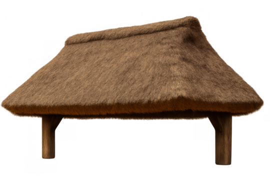 Thatch roof structure on wooden poles, rustic shelter or hut element on isolated background