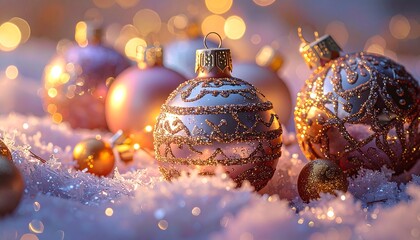Elegant Christmas Ornaments in Soft Light and Snow.