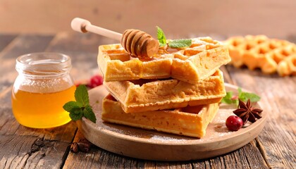 Golden waffles with honey and fresh berries on rustic wood.
