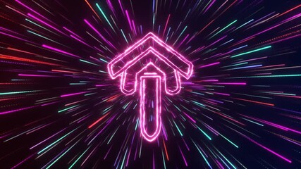 Neon pink arrow pointing up on a vibrant, multicolored streaks background with a dark tone.
