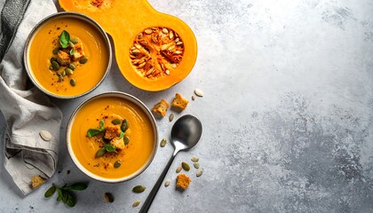 Butternut Squash Soup with Croutons and Pumpkin Seeds.