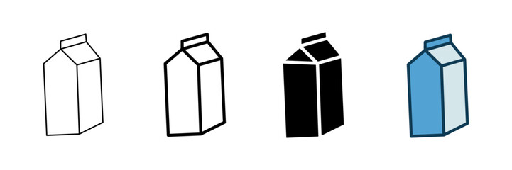 Set of minimalist milk carton icons with transparent background, depicting beverage packaging, dairy products, grocery items, and breakfast symbols, vector illustration