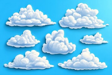 Digitally Rendered Collection of Fluffy White Clouds on a Bright Blue Background