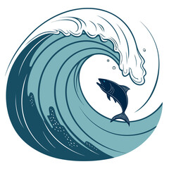 A fish jumping out of a large blue ocean wave isolated on