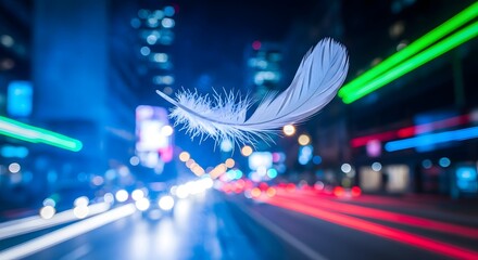 A close-up of a delicate white feather floating in the air against a dynamic cityscape with colorful lights and blurred motion effects at night