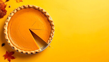 Overhead shot of a pumpkin pie with a slice being removed.