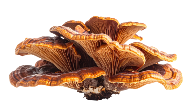Complex, clustered brown mushroom with intricate gill structure