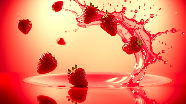 Fresh strawberries exploding into red liquid in dramatic splash action
