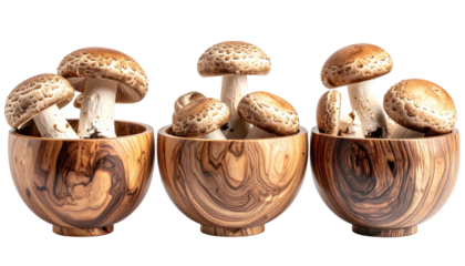 Three wooden bowls overflowing with brown and white mushrooms