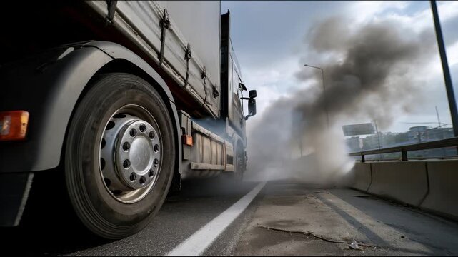 A truck drives along the highway close to the shoulder while thick gray smoke rises ahead beside the road, spreading toward the lane and gradually dispersing into the air