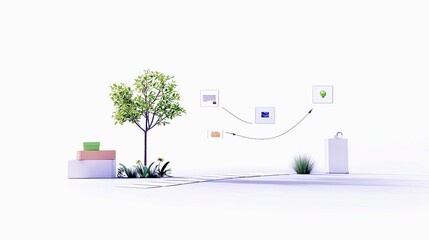 A conceptual representation of data flow and digital transformation, blending natural elements like a tree and grass with digital icons and a shopping bag.