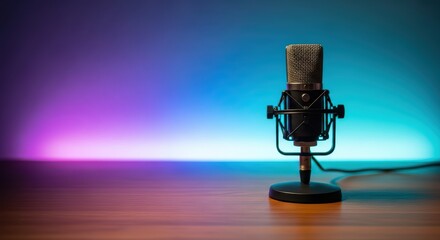 Retro microphone on wooden table with colorful lighting background
