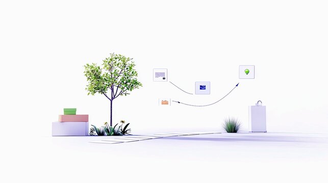 A conceptual representation of data flow and digital transformation, blending natural elements like a tree and grass with digital icons and a shopping bag. - Powered by Adobe