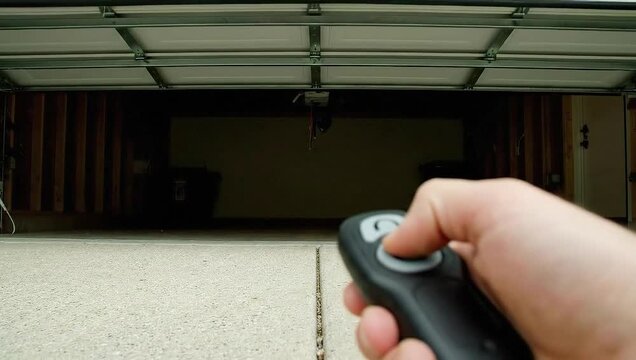 Hand holding remote control to open garage door, representing smart home access, convenience, and modern automation technology.
