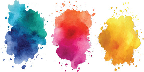 Three colorful watercolor splashes in blue green pink orange and yellow on white background paint splatter