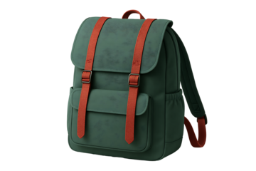 Forest green backpack with orange straps isolated on white, modern flap‑top daypack for travel, school, and urban commuting