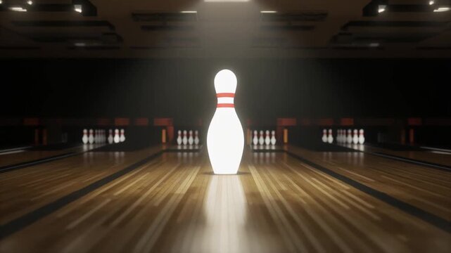 Spotlit bowling pin standing alone on a dimly lit wooden bowling lane with pins and gutters, in a dramatic spotlight.